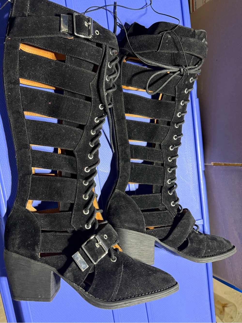 Black Strappy Lace-Up Back Zipper Knee-High Block Heel Boots Women’s Size 5.5